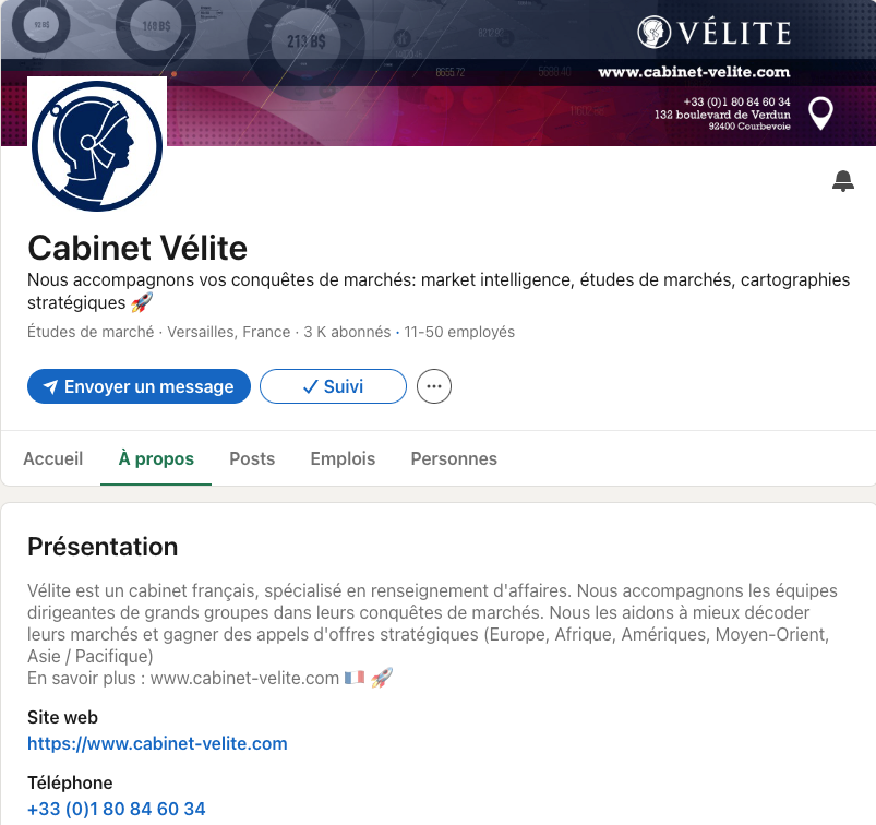 Aperçu du compte LinkedIn du cabinet Vélite, spécialiste du renseignement d'affaires à Paris