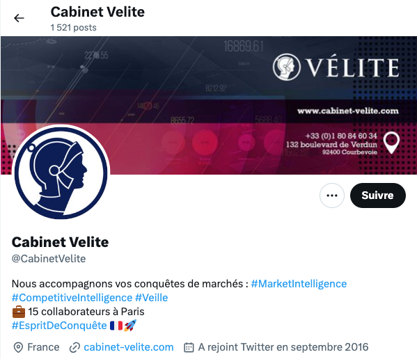 Aperçu du compte X (Twitter) du cabinet Vélite, spécialiste du renseignement d'affaires à Paris